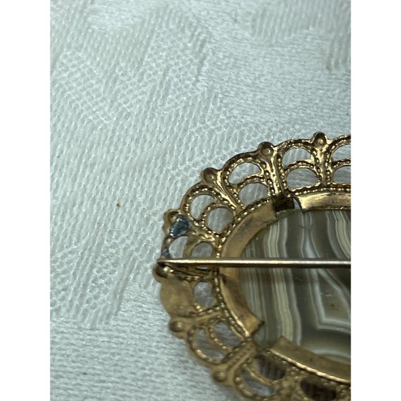 Beautiful Vintage Agate Brooch Grays Black White Stripes READ - Picture 3 of 5